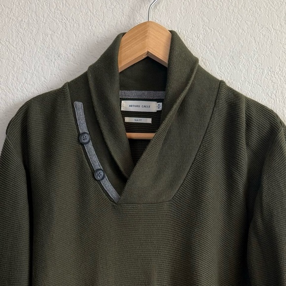 Arturo Calle Olive Green Cotton Long Sleeve Shawl Button Collar Sweater Shirt MD - Picture 2 of 11